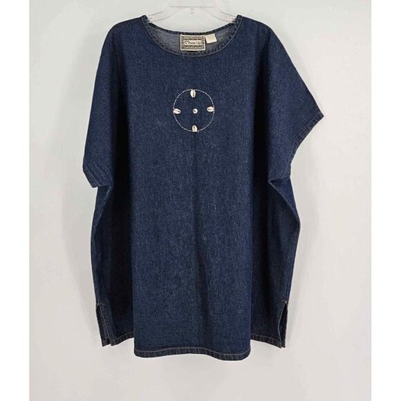 Molato Vintage Womens Embroidered Short Sleeve Blue Denim Pull-on Top Sz 3X - Picture 1 of 3